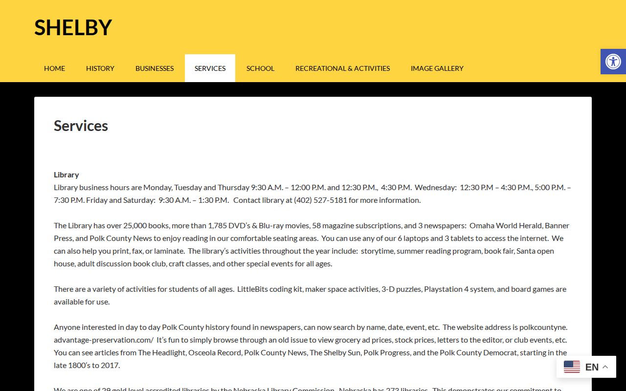 Shelby official services page with village law-enforcement context for county booking-record routing